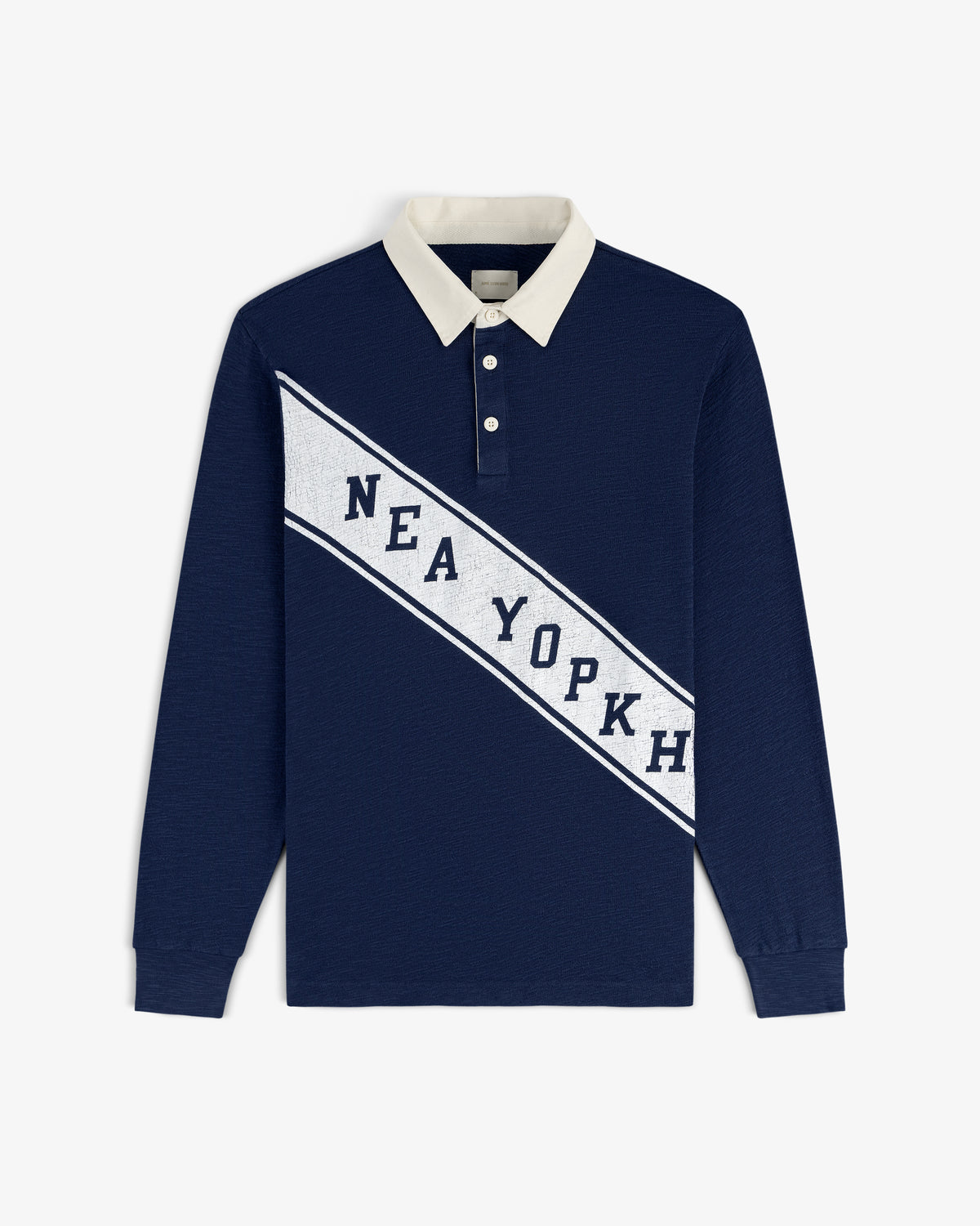 Vintage Slub Rugby: Navy blue long-sleeve polo with white collar and diagonal NEW YORK text on the front.