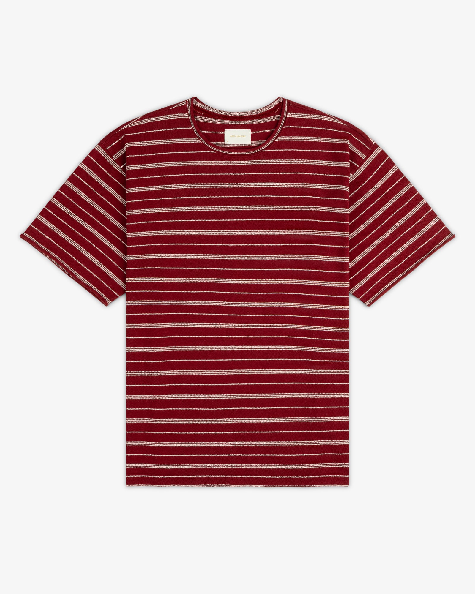 The Jacquard Striped Rollneck Tee is a maroon short-sleeve shirt with white horizontal stripes on a white background.