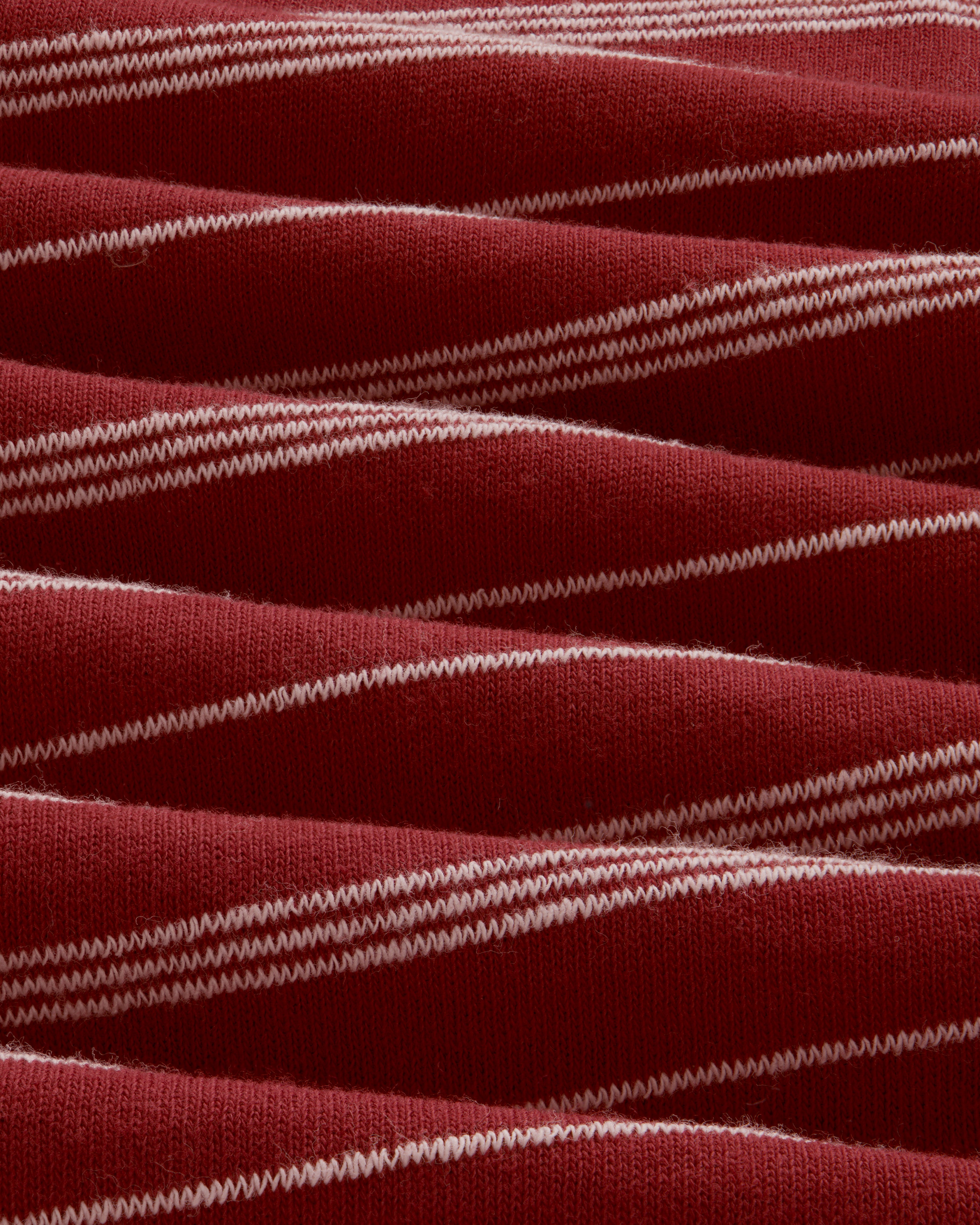 The Jacquard Striped Rollneck Tee features red fabric with white horizontal stripes and soft, wavy folds.