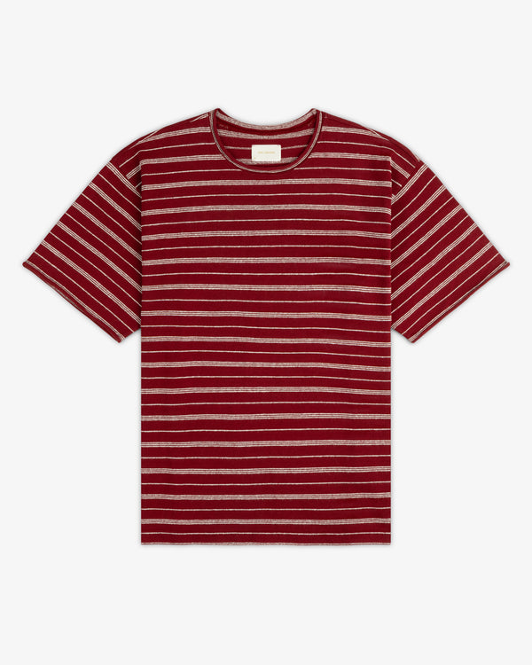 The Jacquard Striped Rollneck Tee is a maroon short-sleeve shirt with white horizontal stripes on a white background.