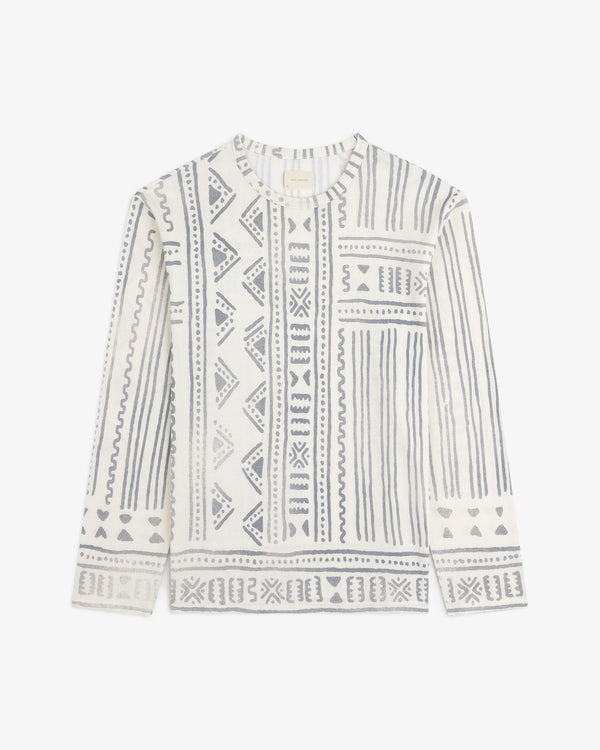 Long-Sleeve Mesh Tapestry Tee in white features blue geometric and tribal patterns in vertical and horizontal sections.