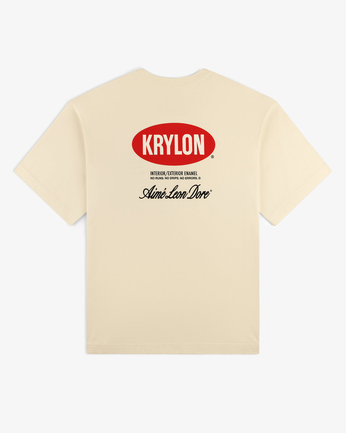 Krylon Logo Tee: beige t-shirt with red KRYLON logo front and black Aimé Leon Dore script on back.