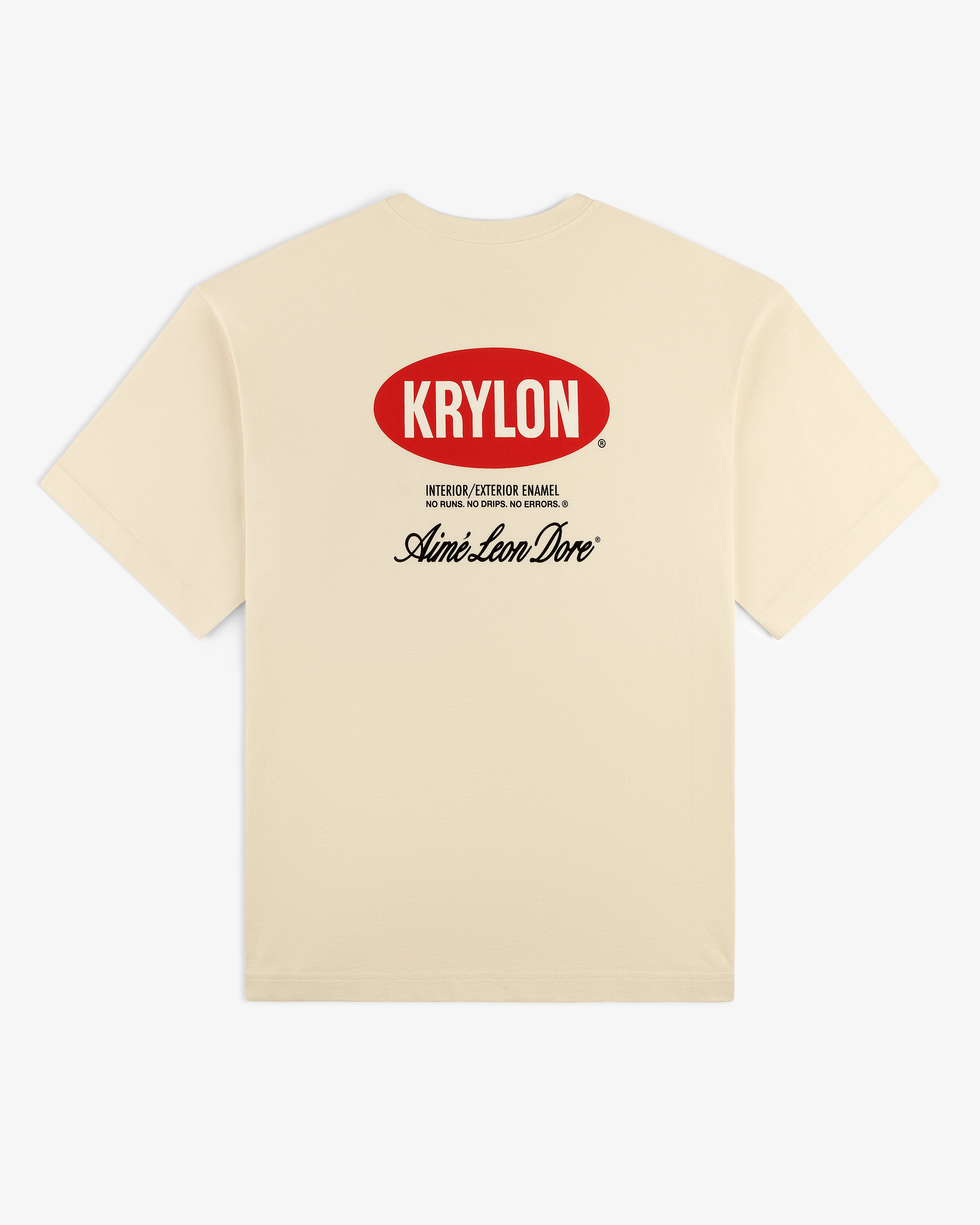 Krylon Logo Tee: beige t-shirt with red KRYLON logo front and black Aimé Leon Dore script on back.