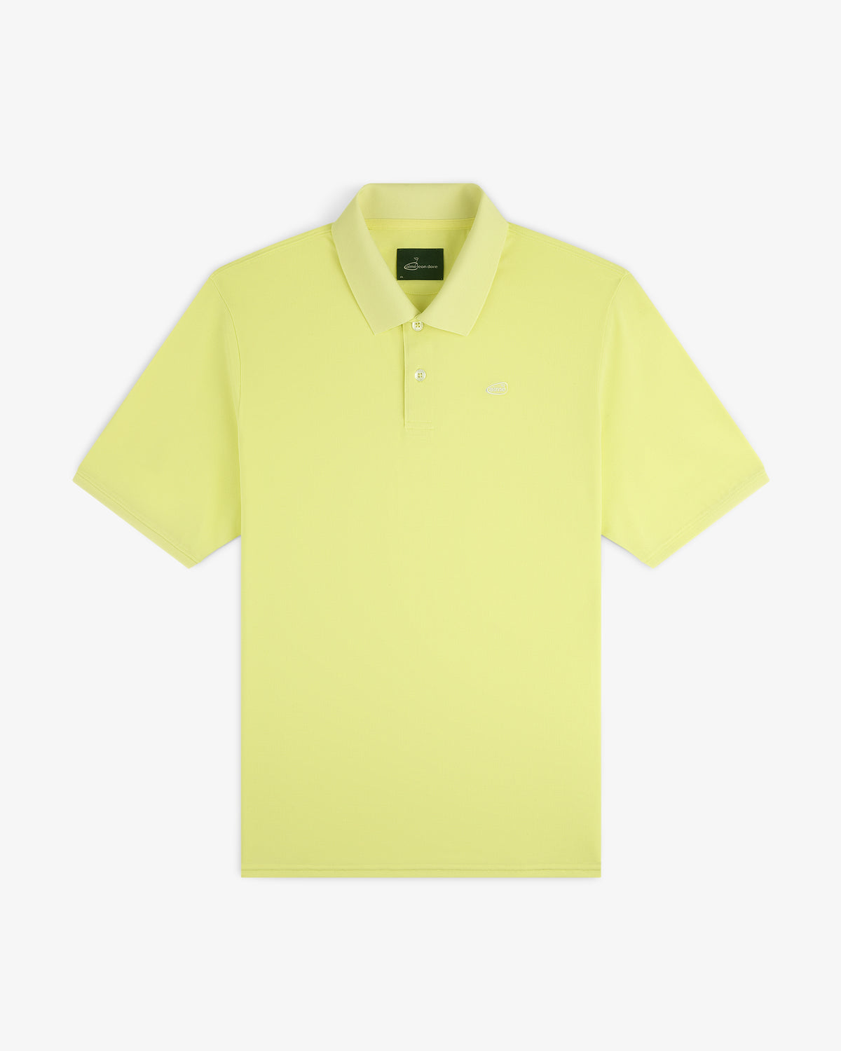 ALD Golf Polo in lime green with a collar and small chest logo, short sleeves, laid flat on white background.