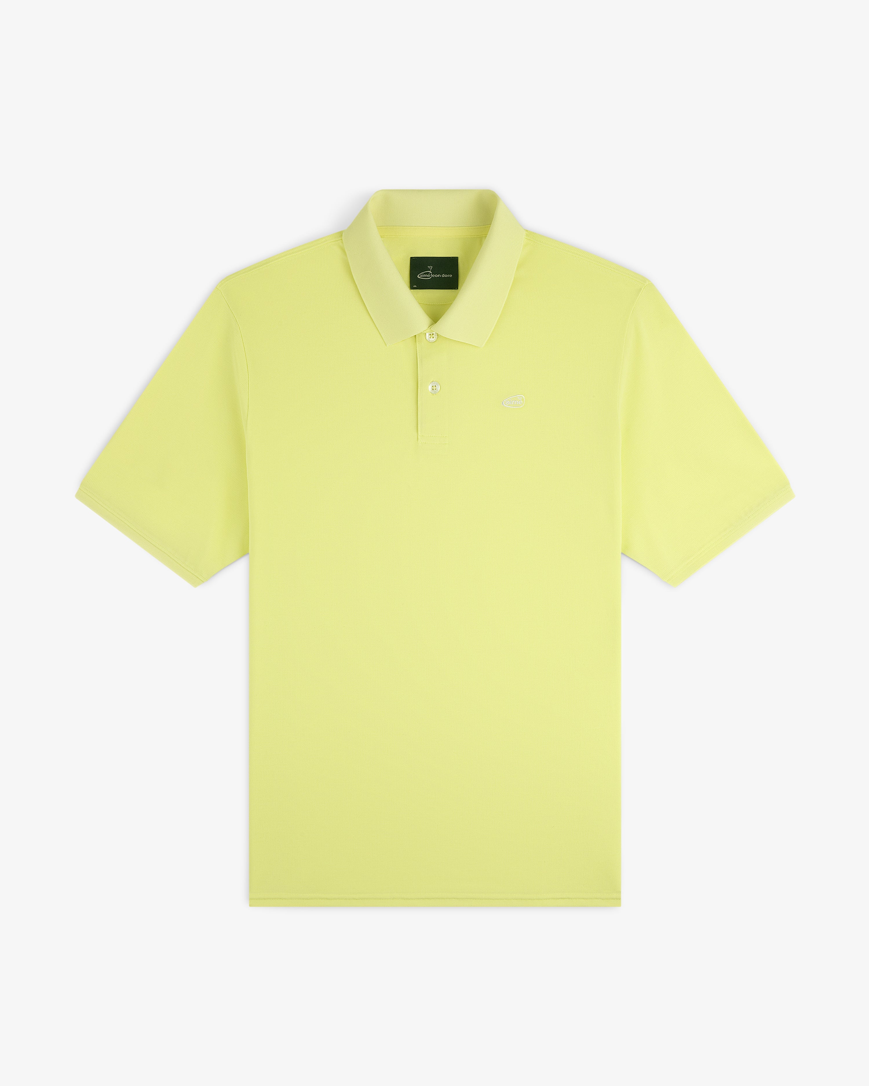 ALD Golf Polo in lime green with a collar and small chest logo, short sleeves, laid flat on white background.