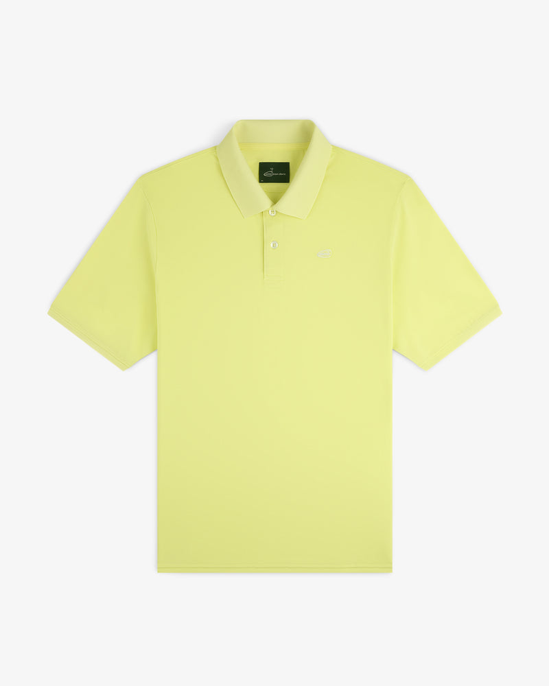 ALD Golf Polo in lime green with a collar and small chest logo, short sleeves, laid flat on white background.