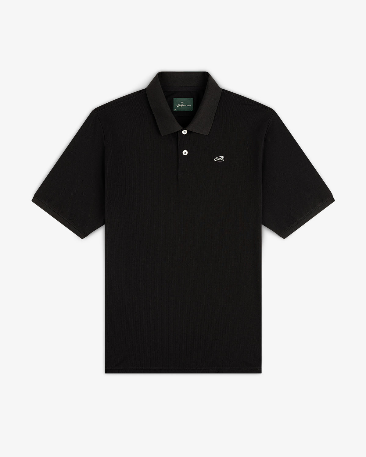 ALD Golf Polo: Black short-sleeve polo with collar, buttons, and small embroidered logo on left chest.