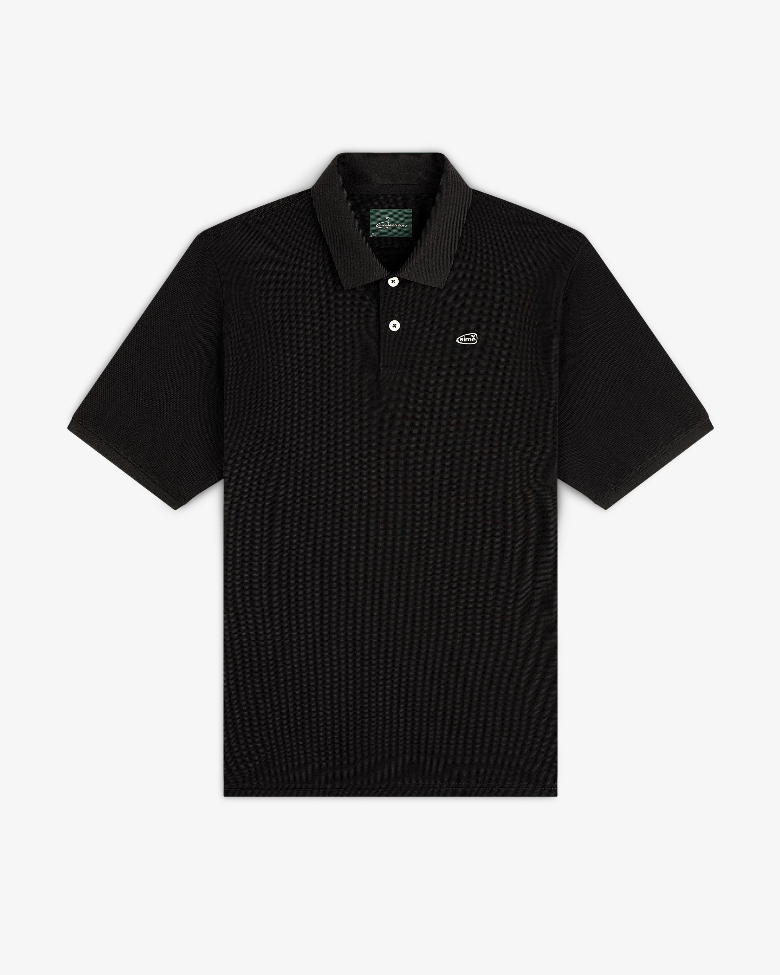 ALD Golf Polo: Black short-sleeve polo with collar, buttons, and small embroidered logo on left chest.
