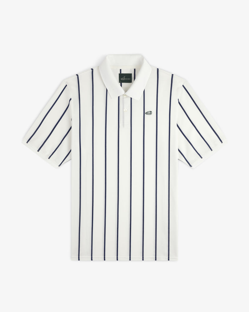ALD Golf Polo: White short-sleeve shirt with black vertical stripes and a green chest logo.