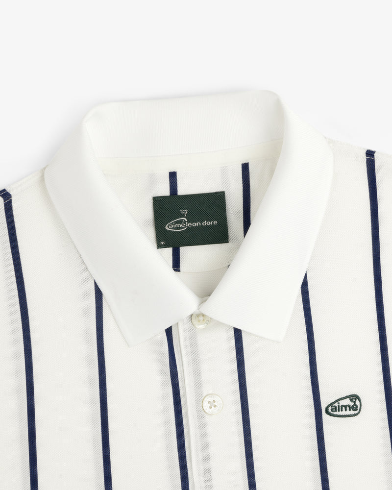 ALD Golf Polo: White with vertical navy stripes and Aimé Leon Dore logo patch on the chest.