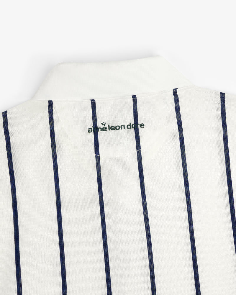 ALD Golf Polo: White collared shirt with vertical navy stripes and logo inside the neck.