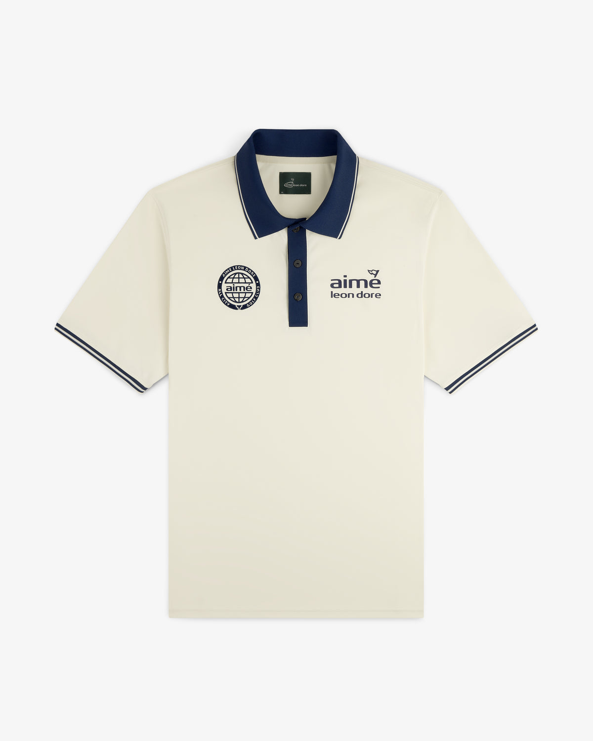 ALD Golf Tour Polo in cream with navy collar, sleeve trim, and embroidered aime leon dore logos on the chest.