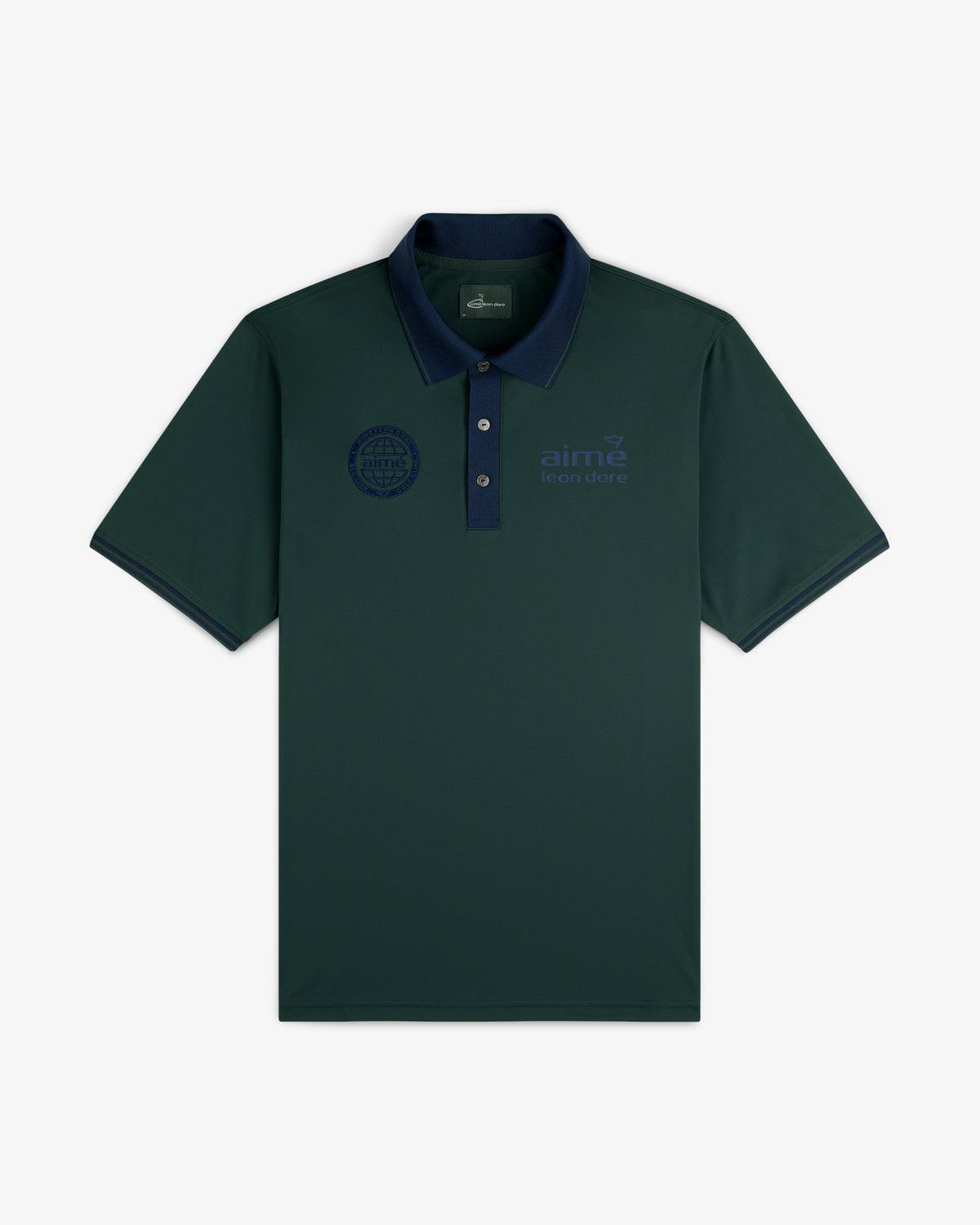 ALD Golf Tour Polo in dark green with a navy collar and subtle logos on both the left and right chest.