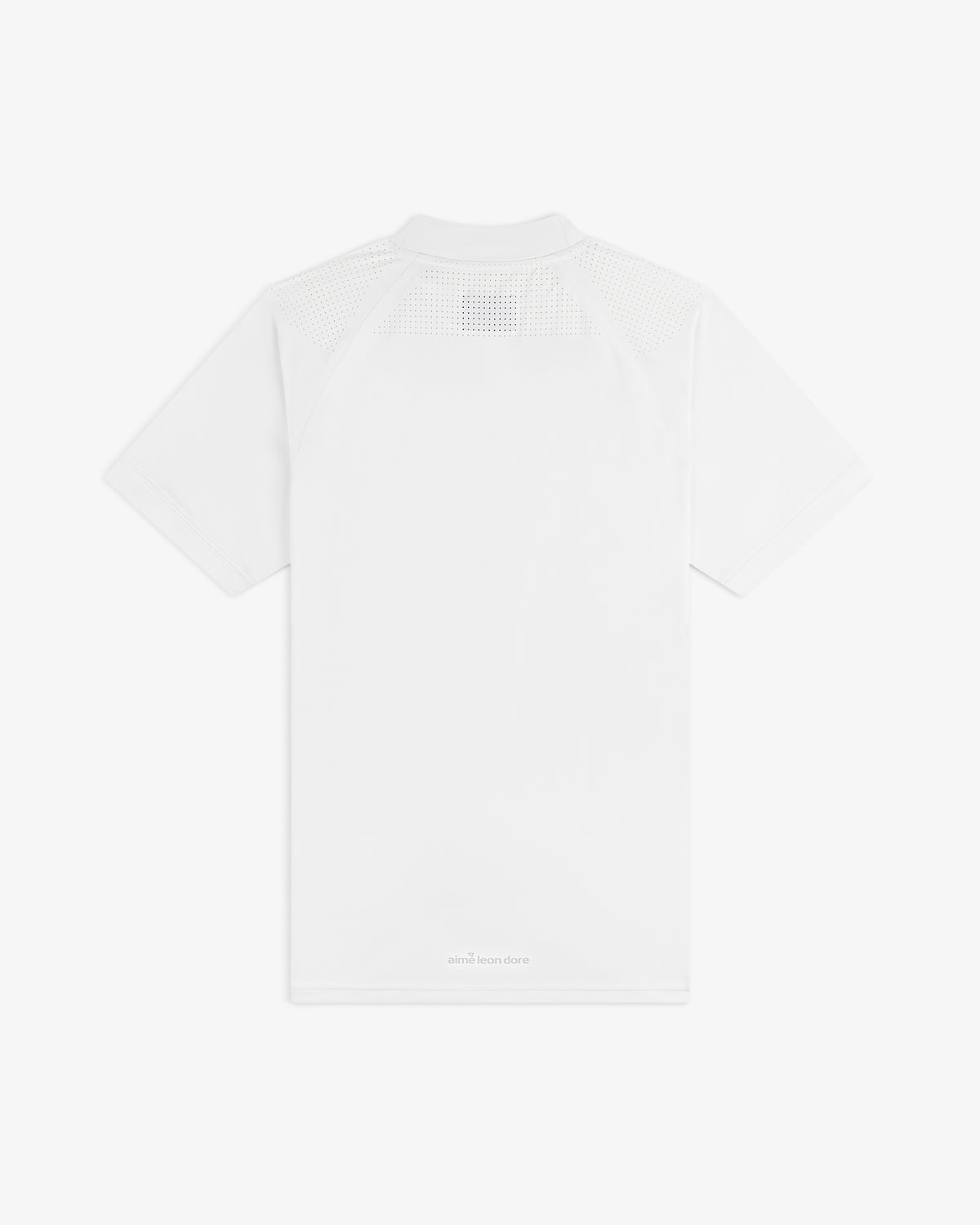 Back view of the ALD Golf Performance Tee, a plain white short-sleeve shirt with perforated upper back and shoulders.