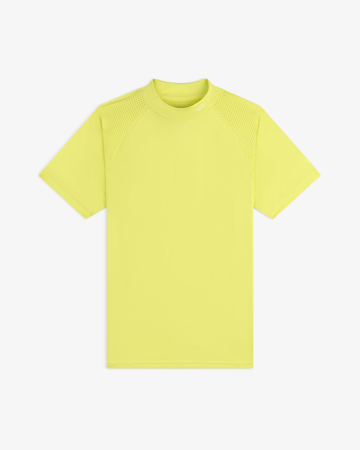 ALD Golf Performance Tee in neon yellow with mesh shoulder details, short sleeves, displayed on a white background.