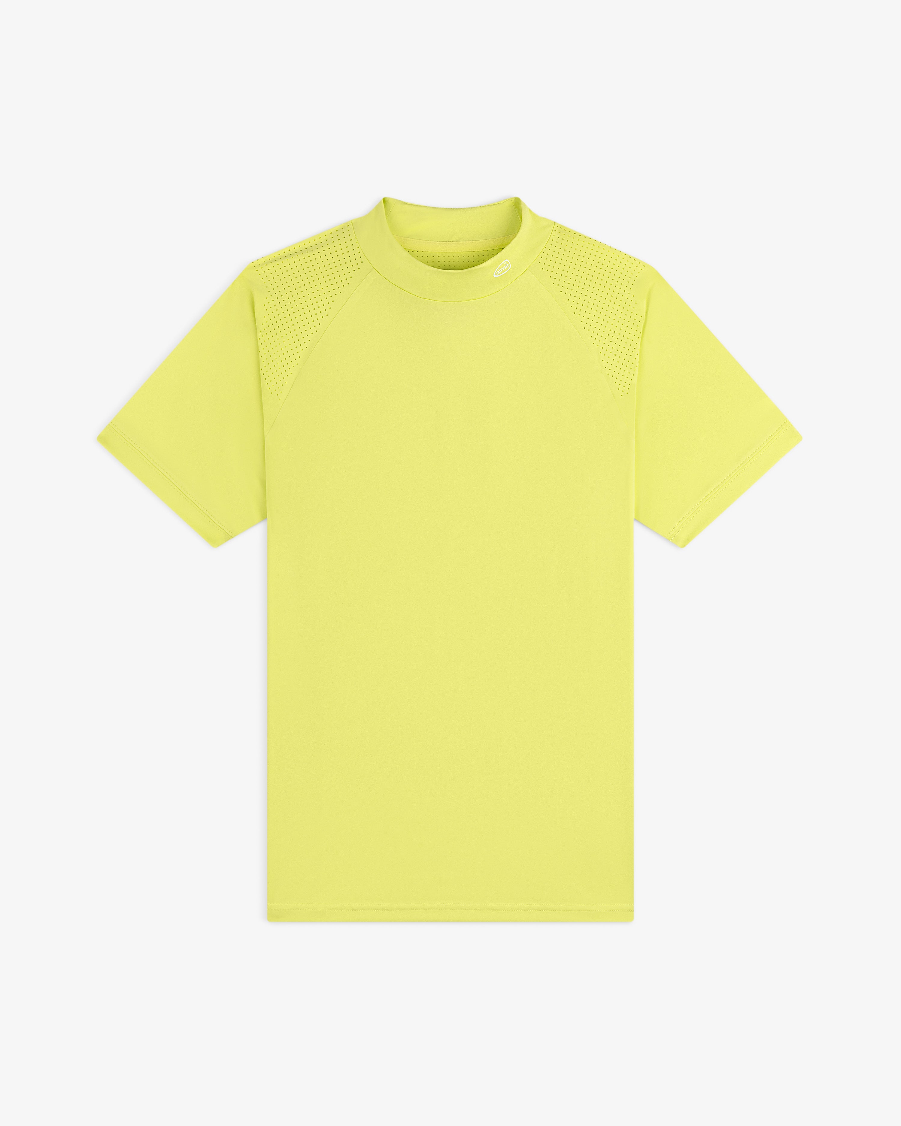 ALD Golf Performance Tee in neon yellow with mesh shoulder details, short sleeves, displayed on a white background.