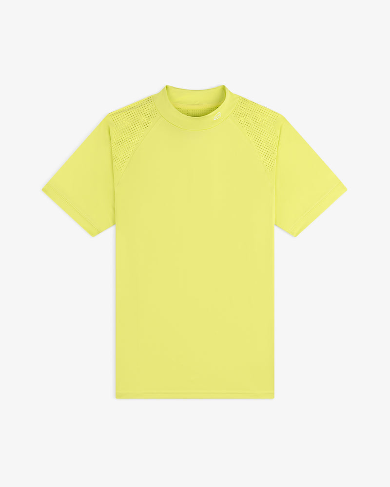 ALD Golf Performance Tee in neon yellow with mesh shoulder details, short sleeves, displayed on a white background.