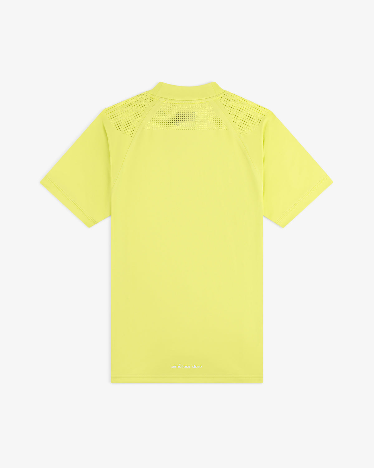 Back view of the ALD Golf Performance Tee, a light yellow short-sleeve shirt with mesh shoulder panels.
