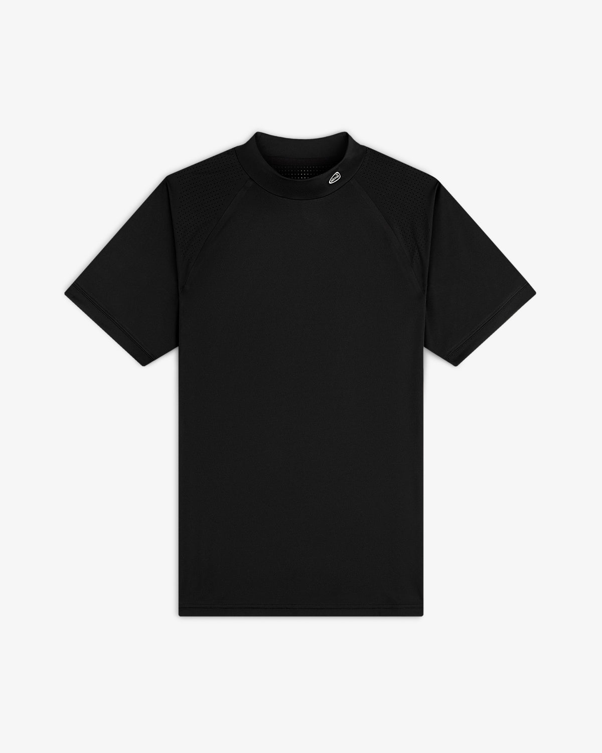 ALD Golf Performance Tee: Black short-sleeve shirt with ribbed collar, mesh shoulders, and small neck logo.