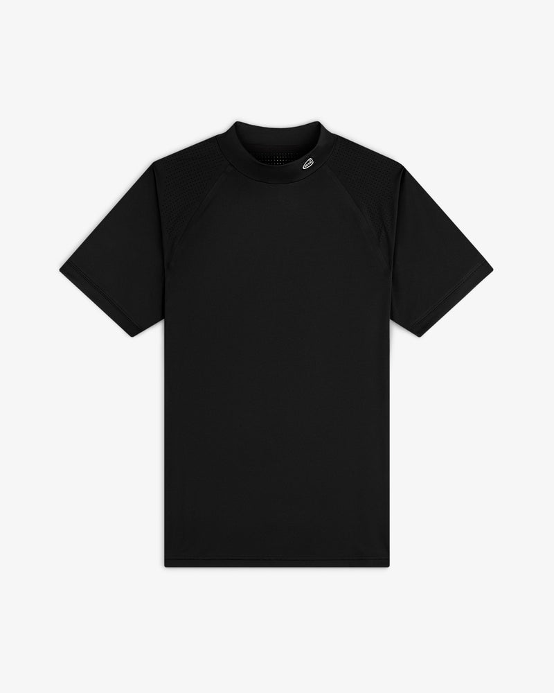 ALD Golf Performance Tee: Black short-sleeve shirt with ribbed collar, mesh shoulders, and small neck logo.