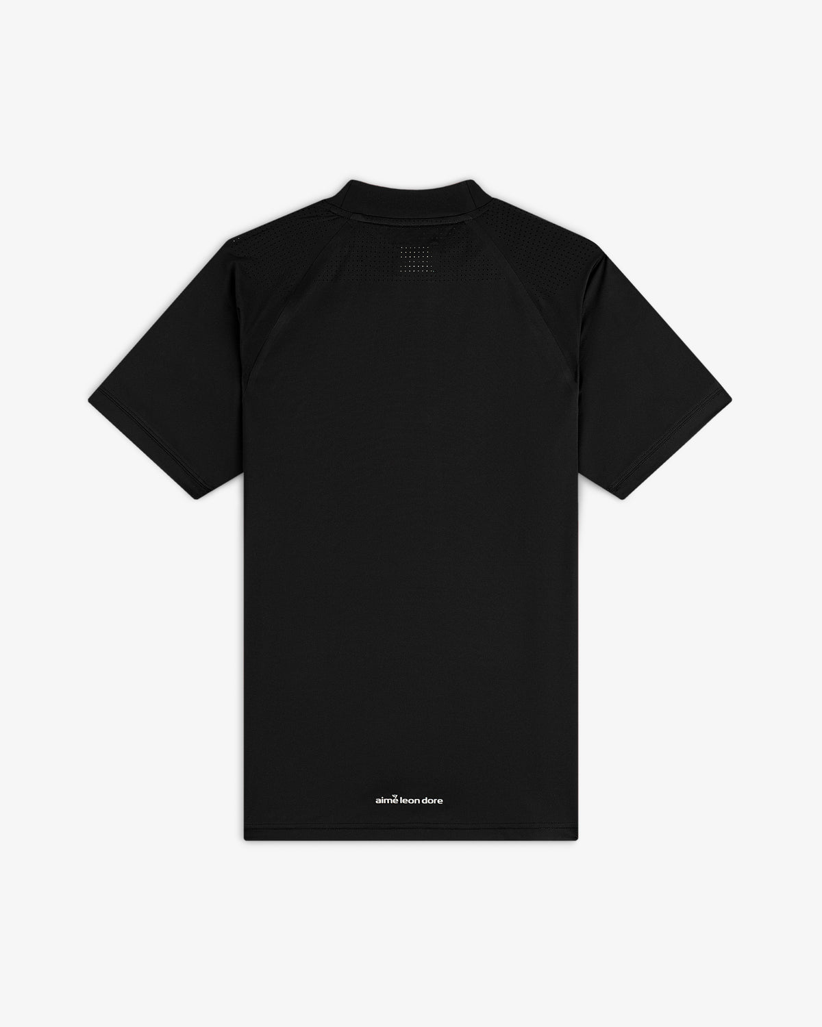 ALD Golf Performance Tee in black, shown from the back with small white text near the bottom hem on a white background.