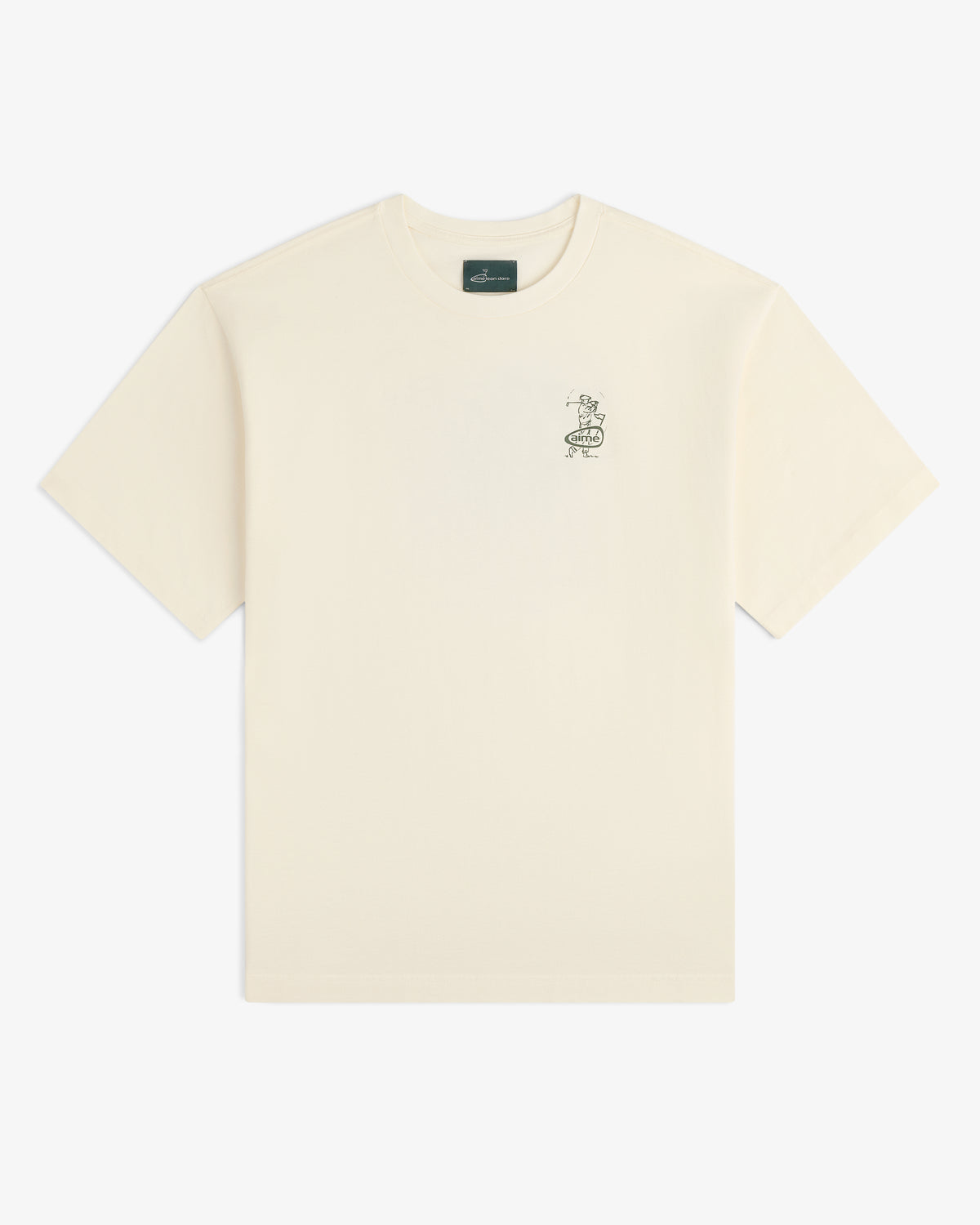 ALD Golf Swing Tee: off-white short-sleeve with a small black graphic and text on the left chest.