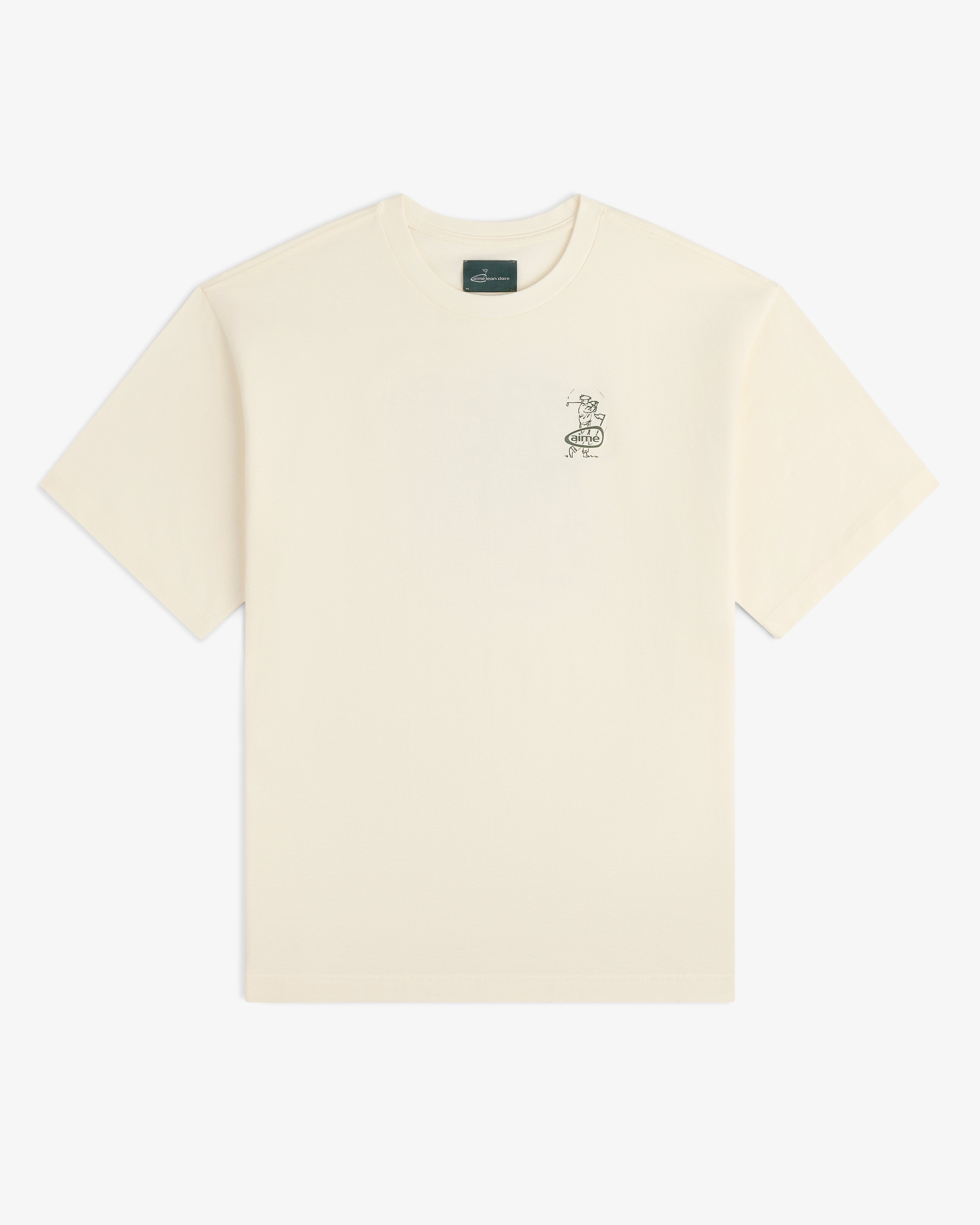 ALD Golf Swing Tee: off-white short-sleeve with a small black graphic and text on the left chest.