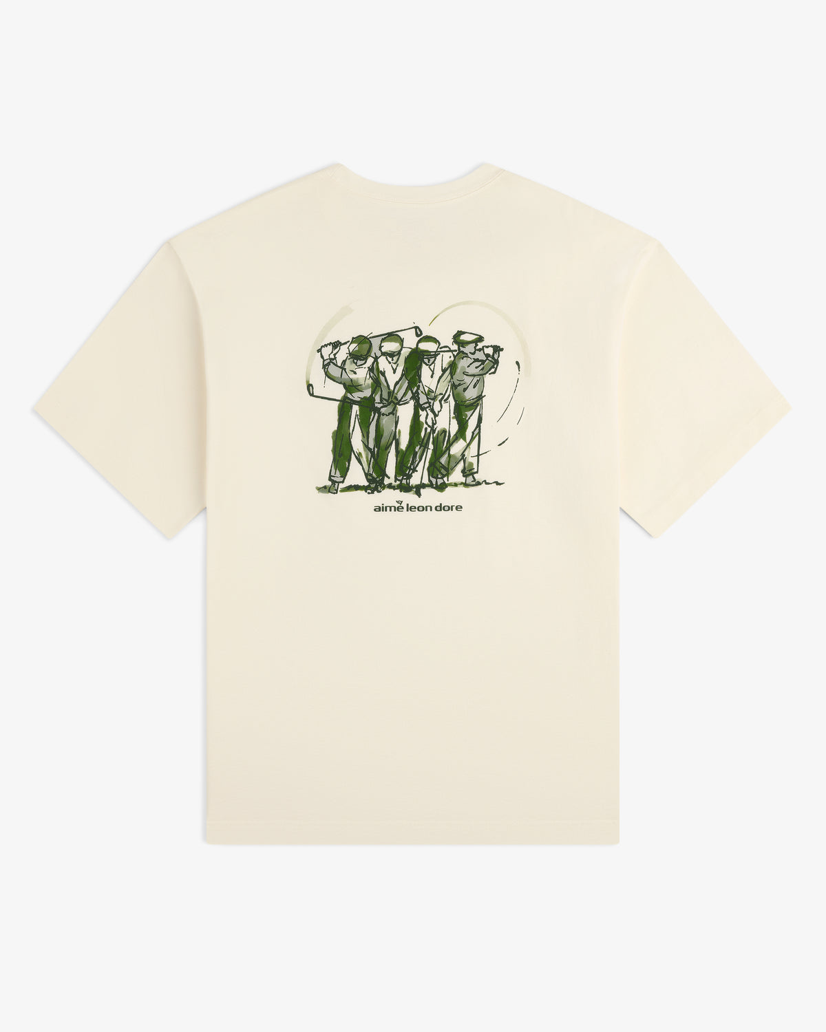 ALD Golf Swing Tee: Cream short-sleeve shirt with green sketch of four golfers and Aimé Leon Dore on the back.