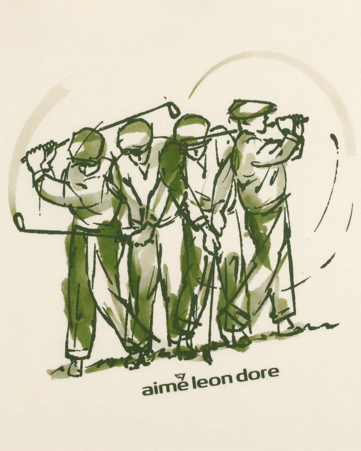 Sketch of four golfers mid-swing with ALD Golf Swing Tee text in green on a light background.