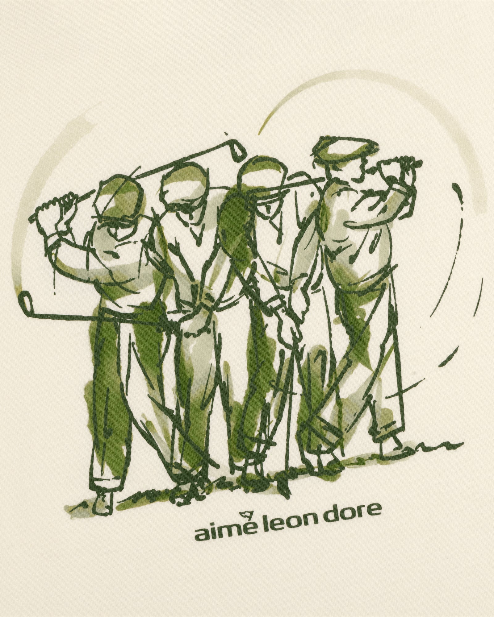 Sketch of four golfers mid-swing with ALD Golf Swing Tee text in green on a light background.