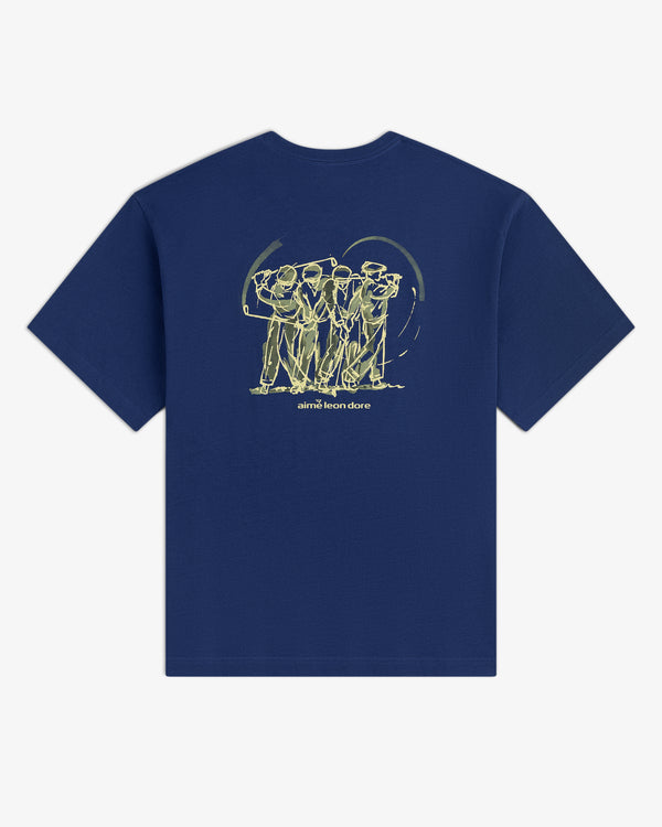 Navy ALD Golf Swing Tee with a yellow golfer sketch and "aimé leon dore" text on the back.