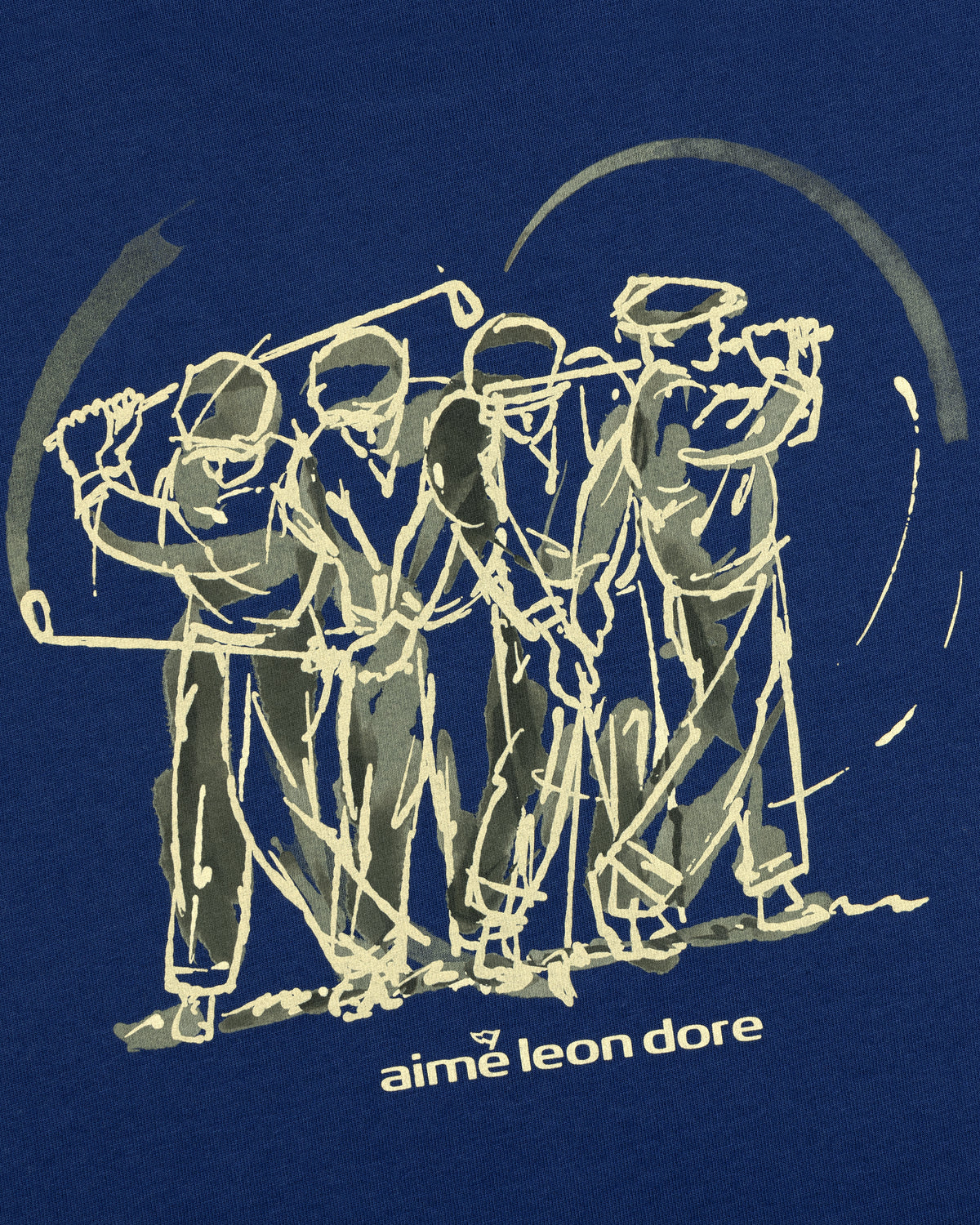 Line art of four golfers swinging clubs with "ALD Golf Swing Tee" text below on a blue background.