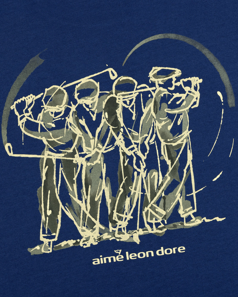 Line art of four golfers swinging clubs with "ALD Golf Swing Tee" text below on a blue background.