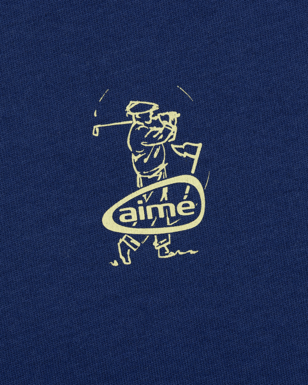 Line drawing of a golfer swinging a club above "aime" on blue ALD Golf Swing Tee.