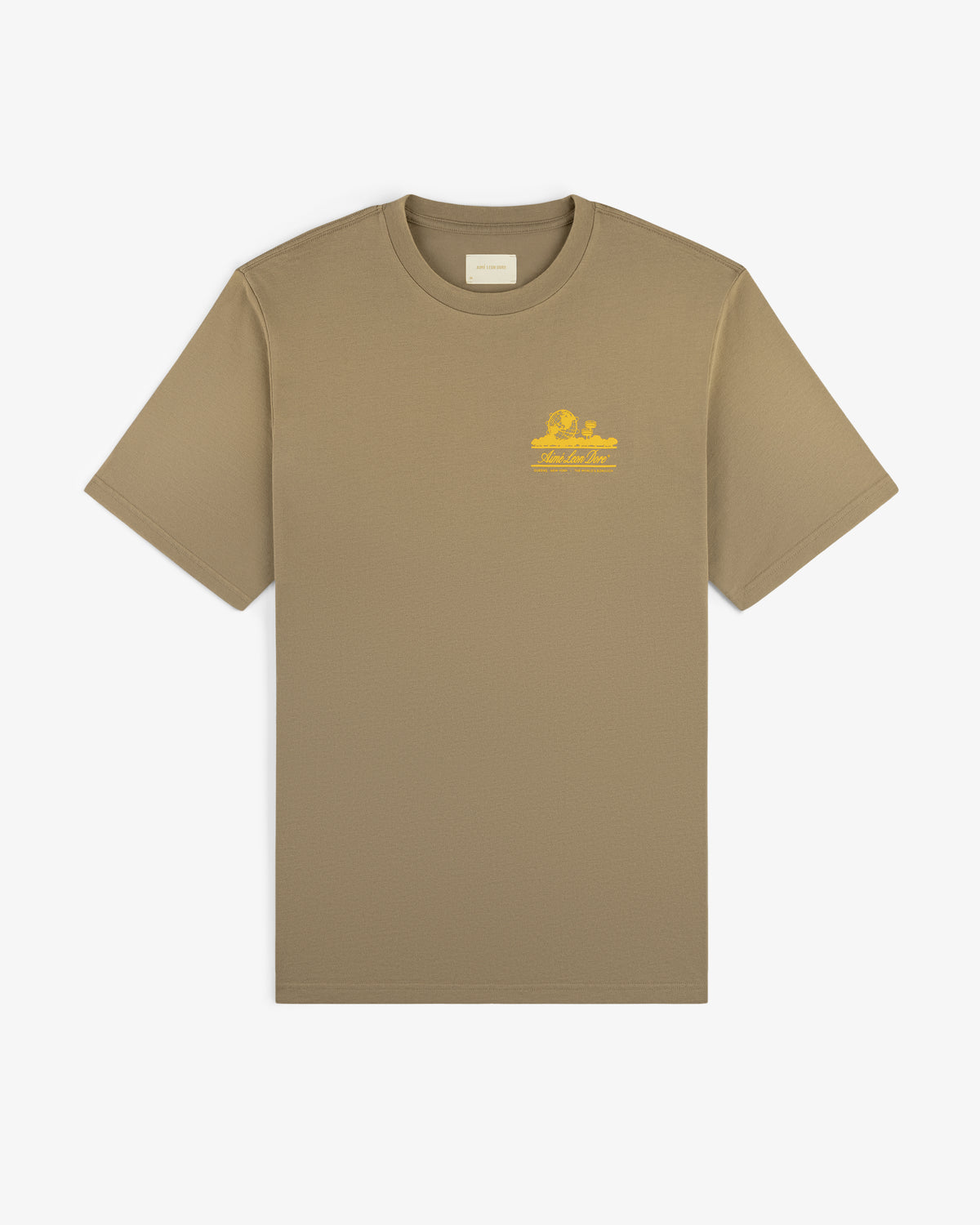 Sun Faded Unisphere Tee—khaki short-sleeve with small yellow graphic and text on left chest, shown on white background.