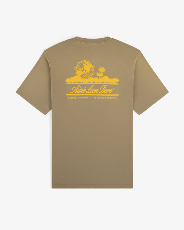 Sun Faded Unisphere Tee: Khaki T-shirt with a yellow globe and cityscape graphic and text on the back.