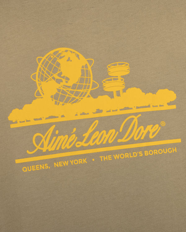 Sun Faded Unisphere Tee featuring a yellow globe, cityscape, and "Aimé Leon Dore, Queens, New York, The Worlds Borough" graphic.