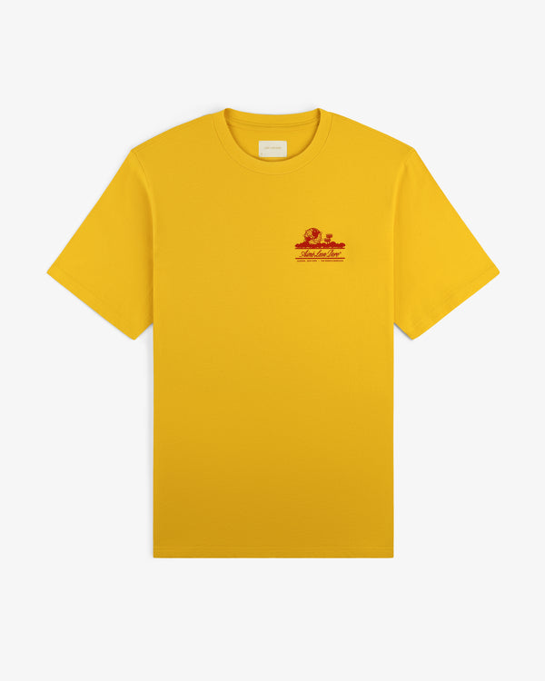 Sun Faded Unisphere Tee: bright yellow short-sleeve tee with small red graphic and text on left chest, shown on white.