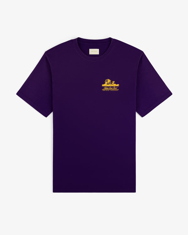 Sun Faded Unisphere Tee: purple short-sleeve with small yellow graphic and text on left chest, shown on white background.