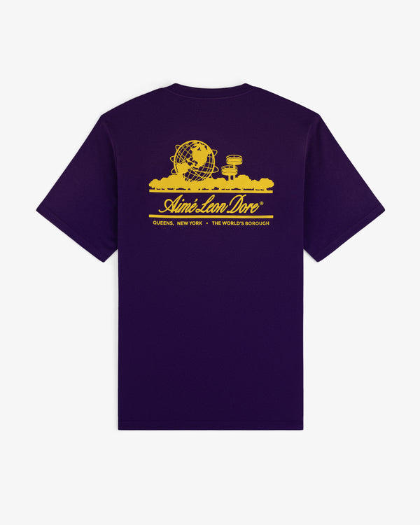 The Sun Faded Unisphere Tee is a purple T-shirt with yellow graphics and "Aimé Leon Dore Queens, New York" on the back.