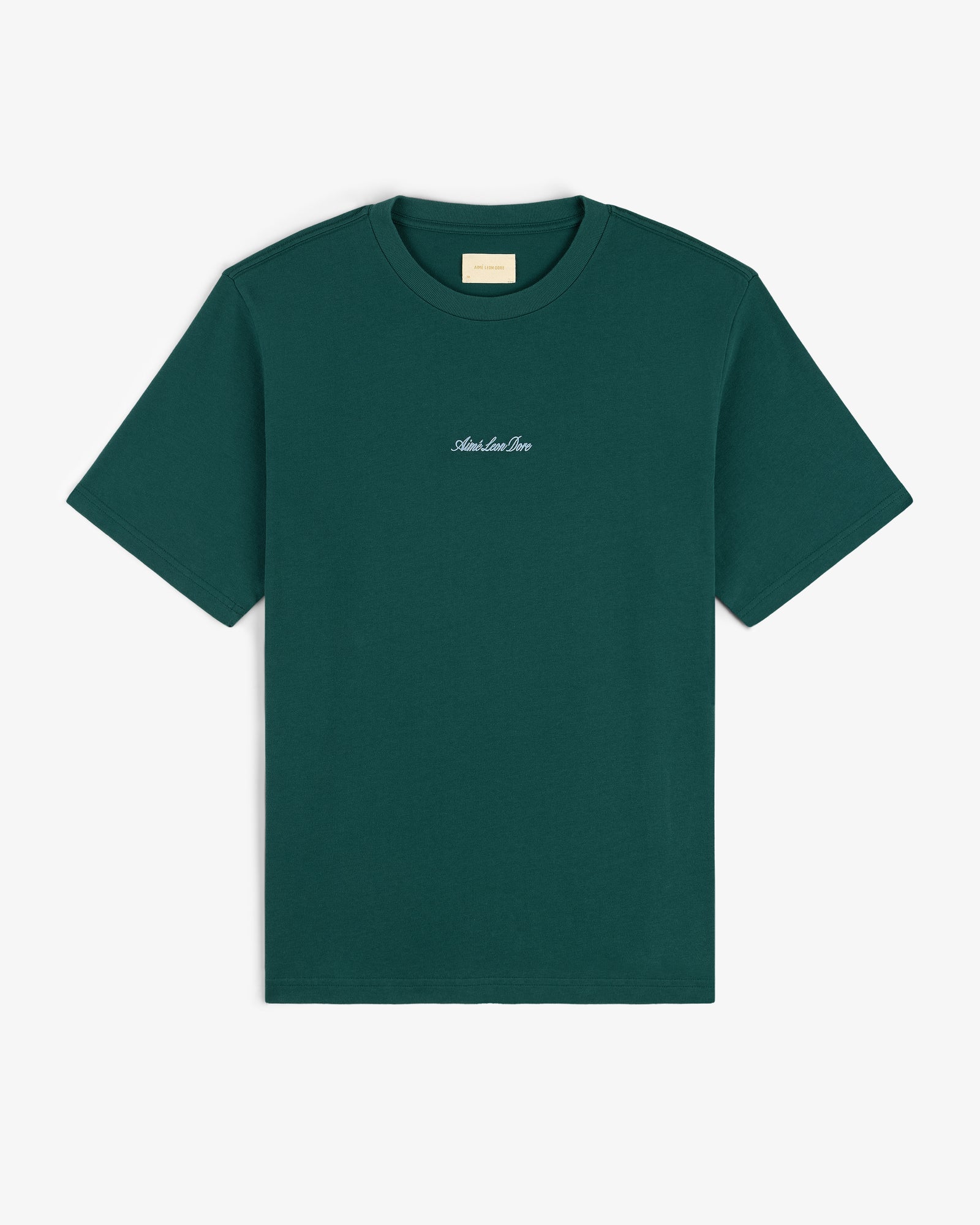 Embroidered Logo Tee in dark green with a small white chest logo, shown flat on a white background.