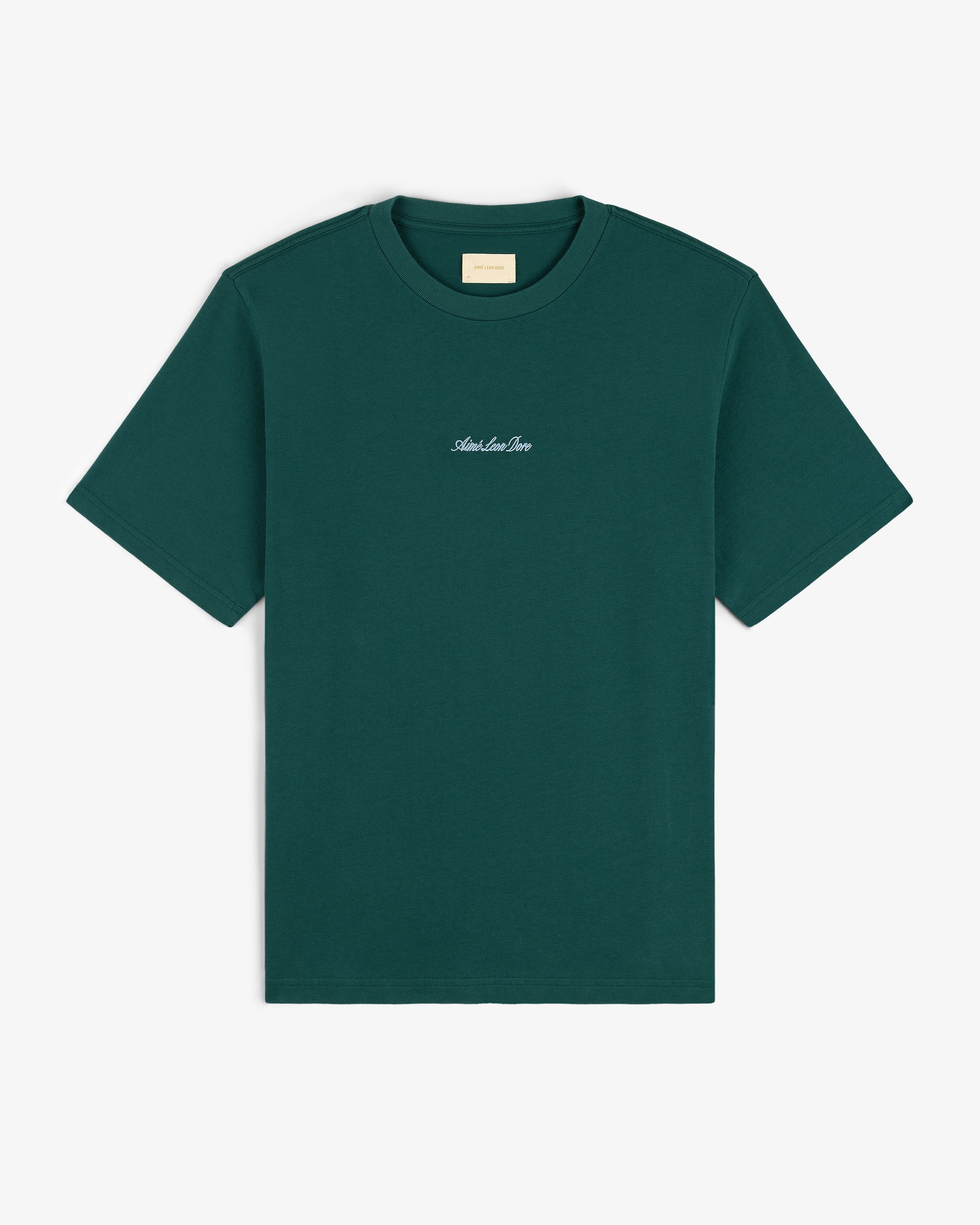 Embroidered Logo Tee in dark green with a small white chest logo, shown flat on a white background.