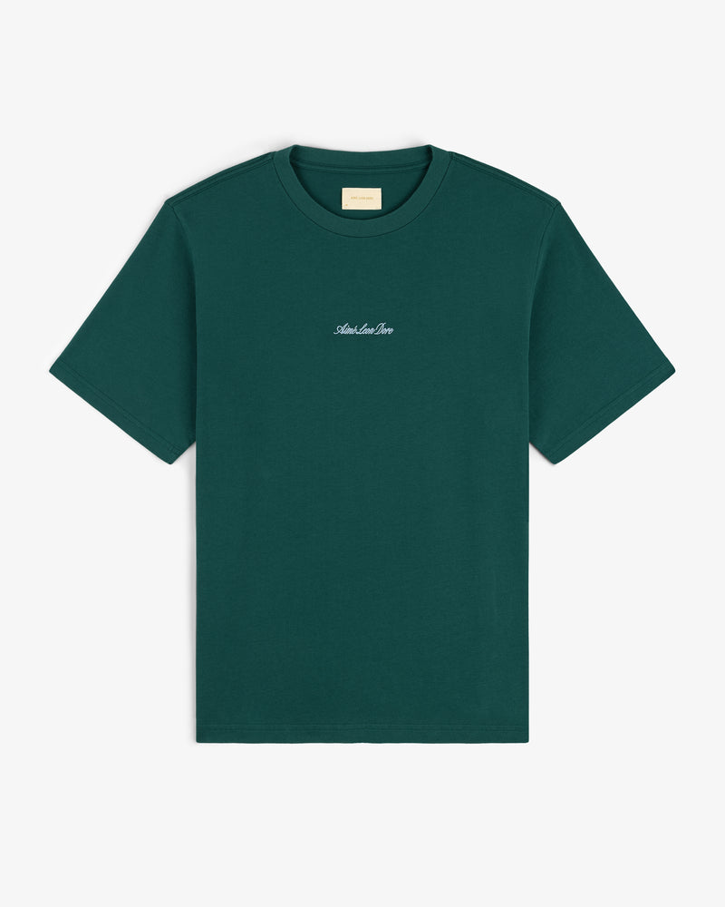 Embroidered Logo Tee in dark green with a small white chest logo, shown flat on a white background.