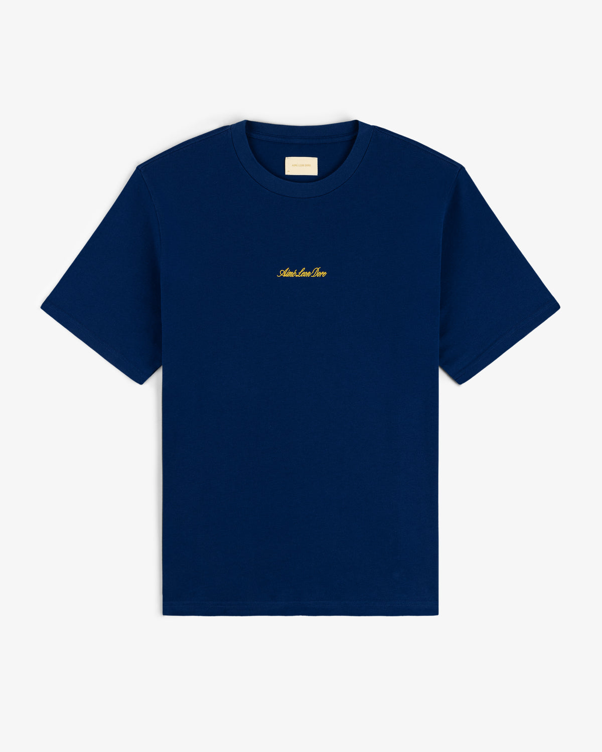 Embroidered Logo Tee in navy with gold chest embroidery, short sleeves, shown on a white background.