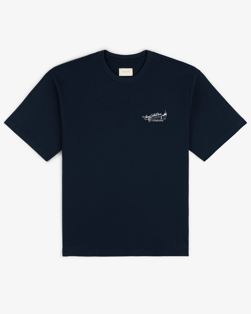 Pappoús Logo Tee: navy blue short-sleeve t-shirt with a small white logo and text on the left chest.