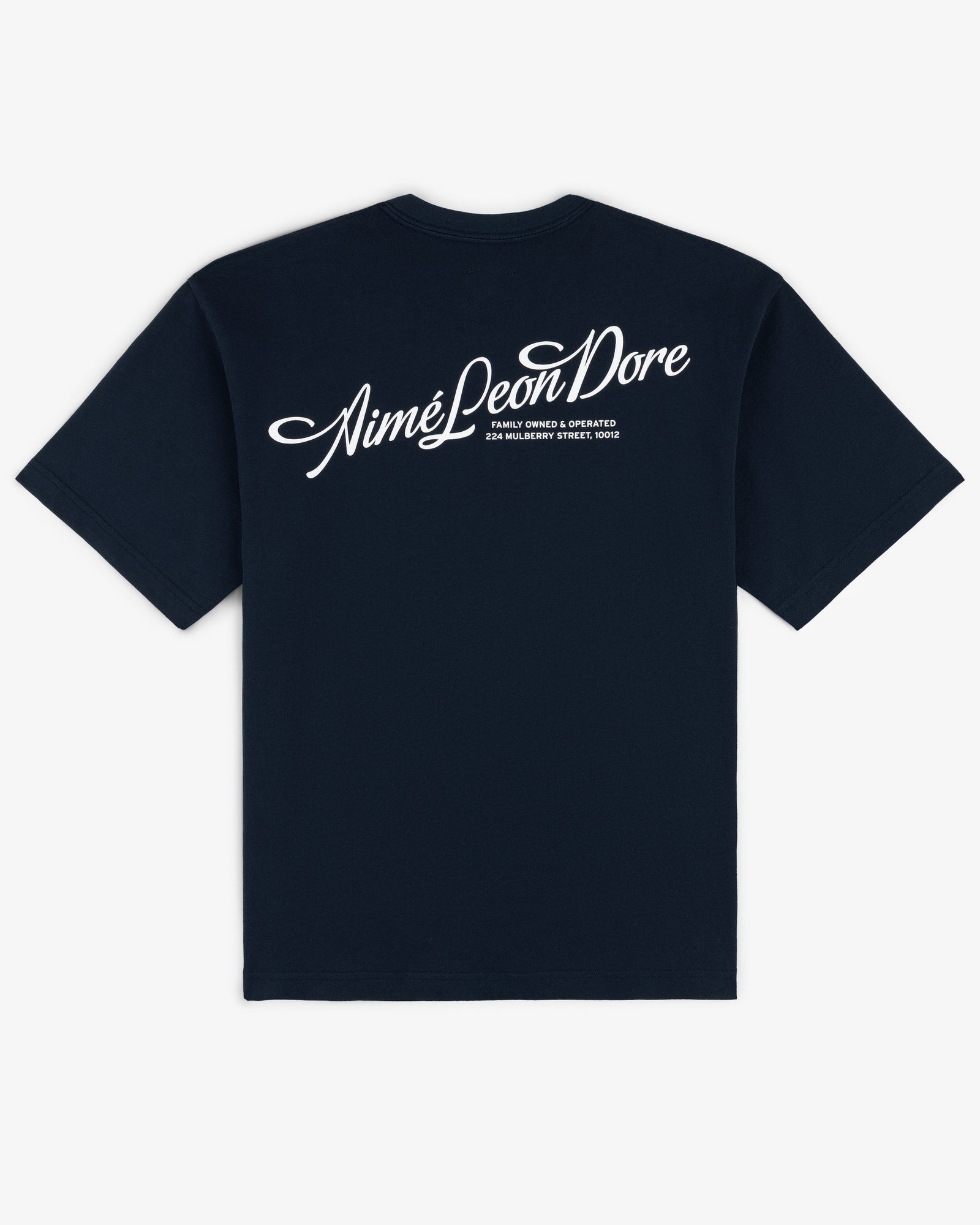 Navy Pappoús Logo Tee featuring “Aimé Leon Dore” scripted in white on the back with smaller text beneath.