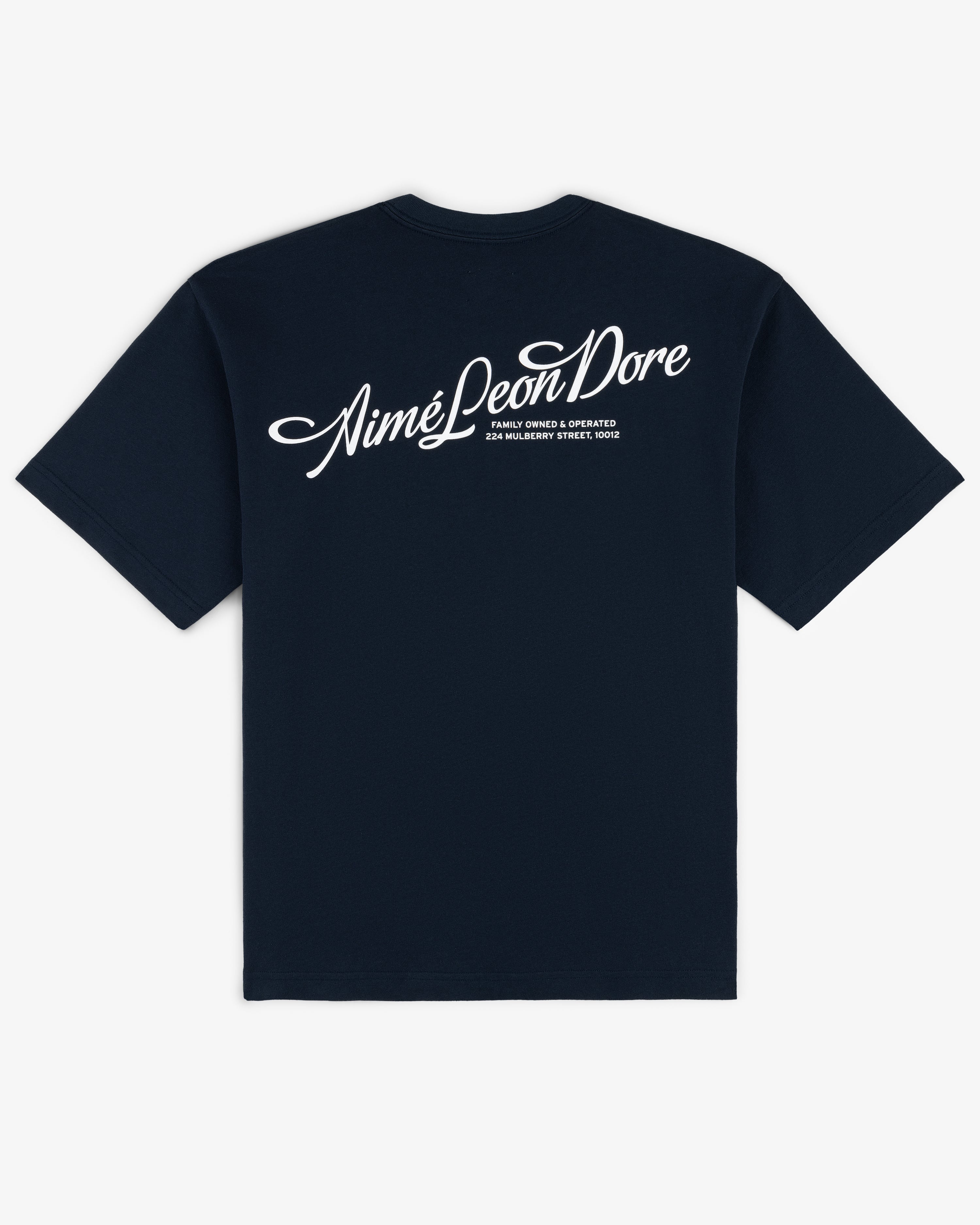 Navy Pappoús Logo Tee featuring “Aimé Leon Dore” scripted in white on the back with smaller text beneath.