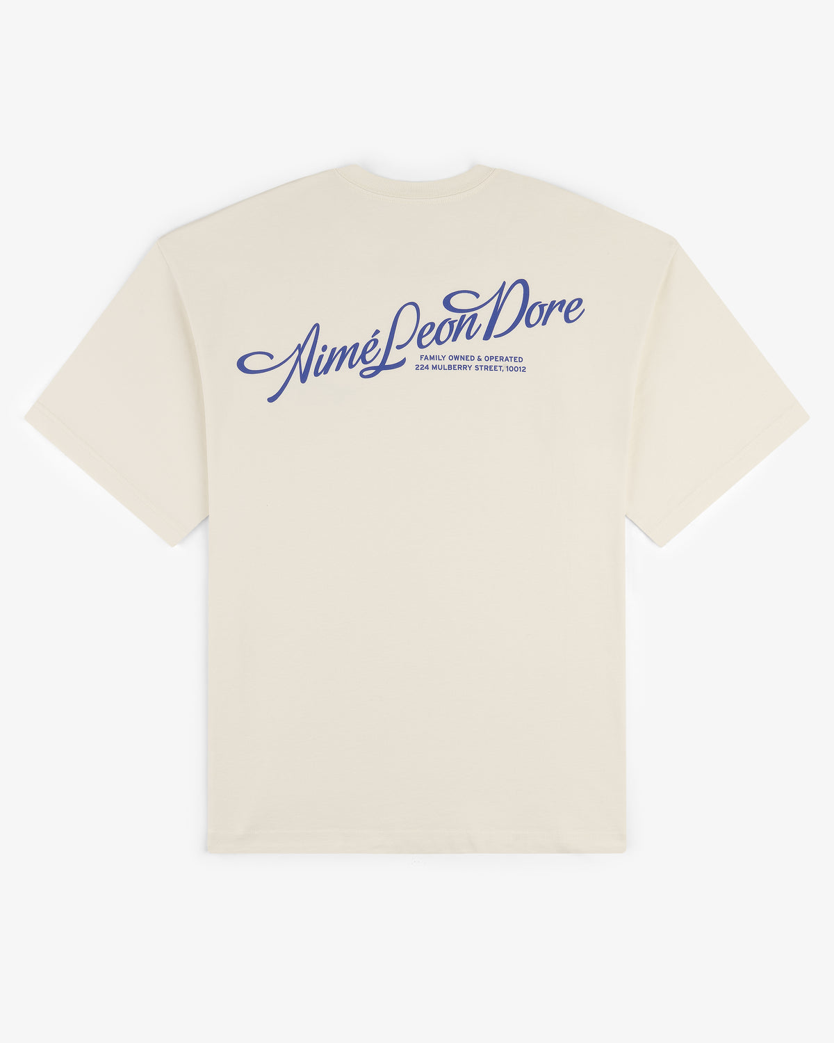 Back of the Pappoús Logo Tee with Aimé Leon Dore and small blue cursive text printed on the upper area.