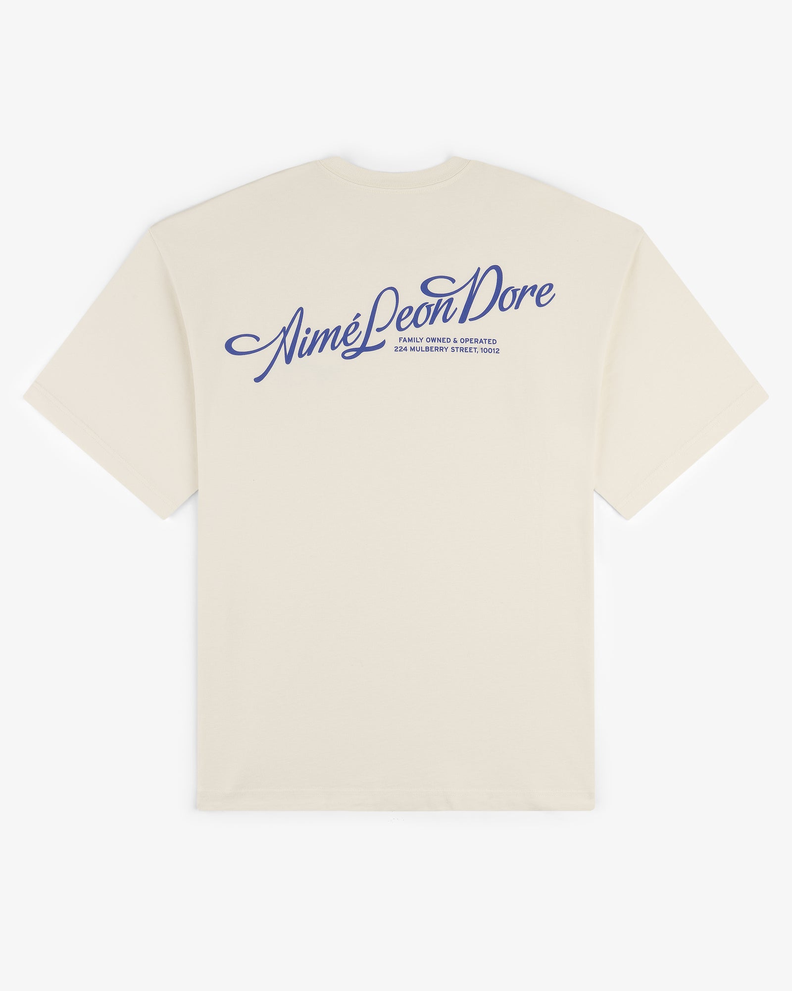 Back of the Pappoús Logo Tee with Aimé Leon Dore and small blue cursive text printed on the upper area.