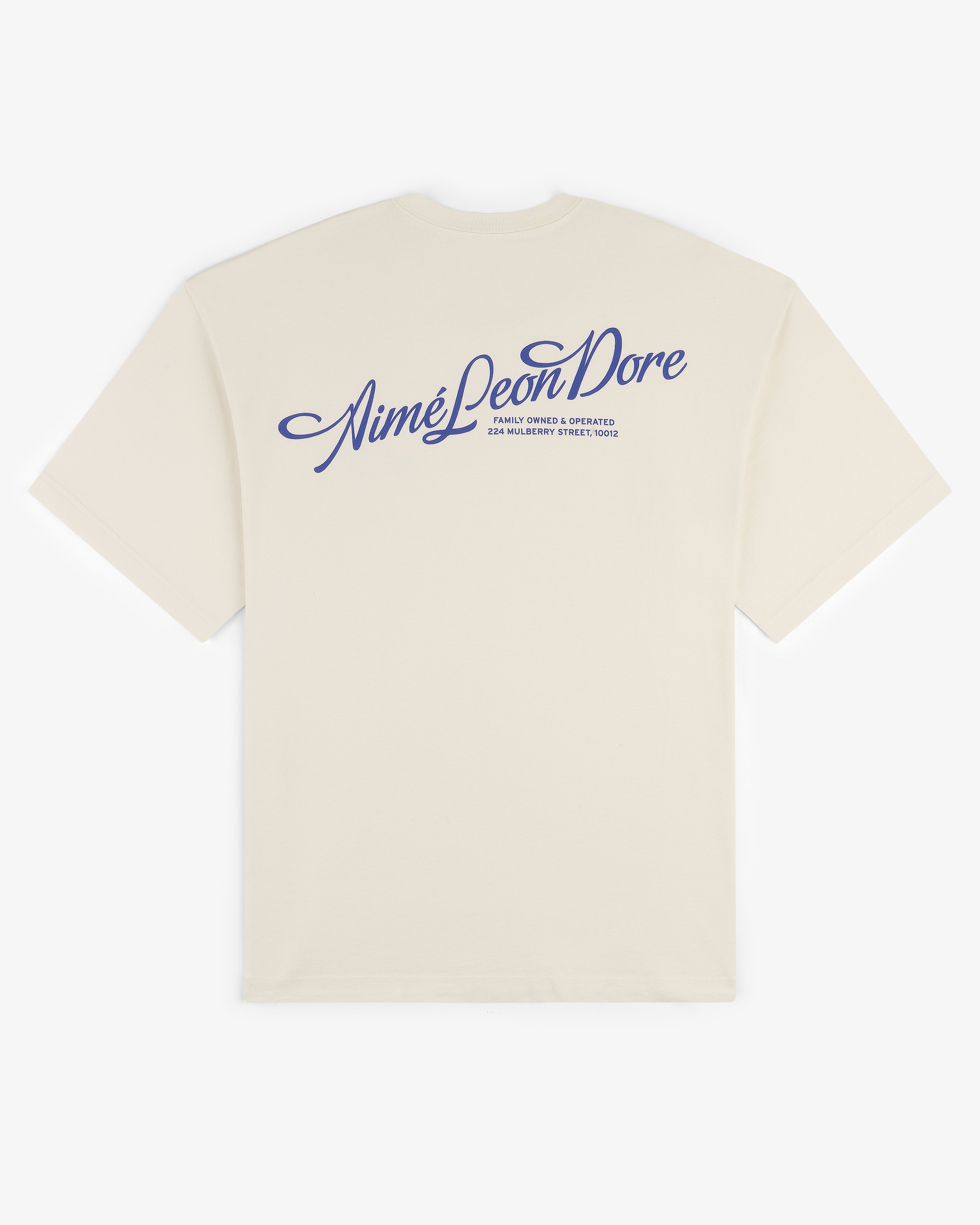 Back of the Pappoús Logo Tee with Aimé Leon Dore and small blue cursive text printed on the upper area.